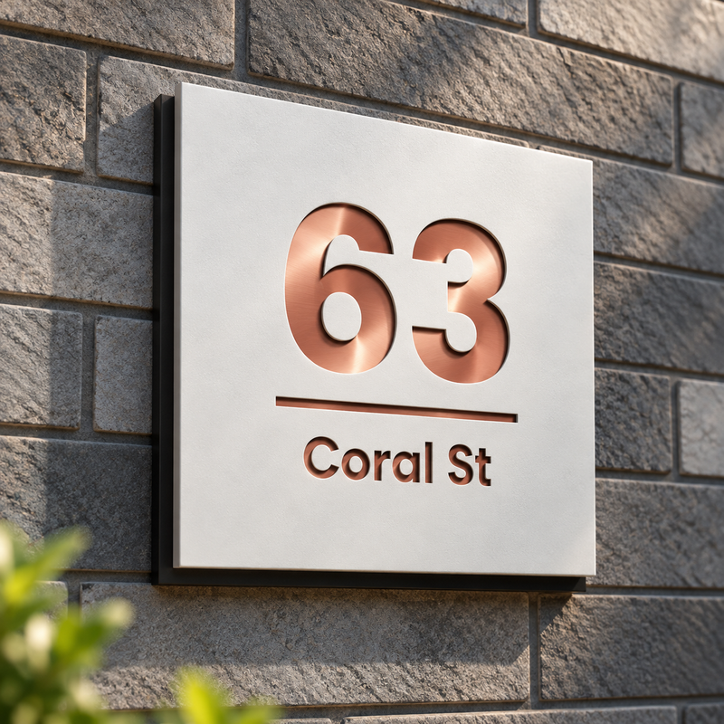 Double layered white square house number plate with copper 63 Coral St