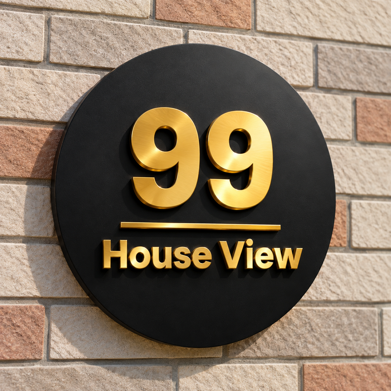 Black circle house number plate with raised gold 99 House View