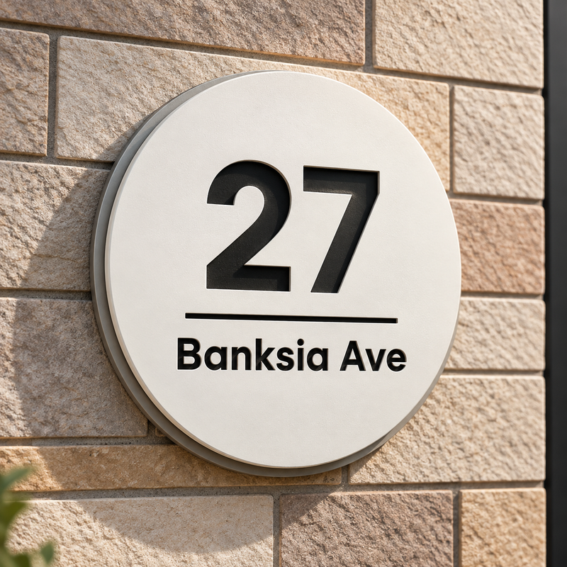 Double layered white circle house number plate reading 27 Banksia Ave