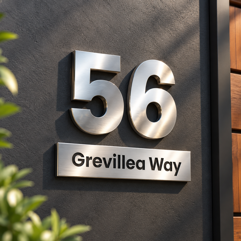 Brushed steel house number 56 above a Grevillea Way street name bar