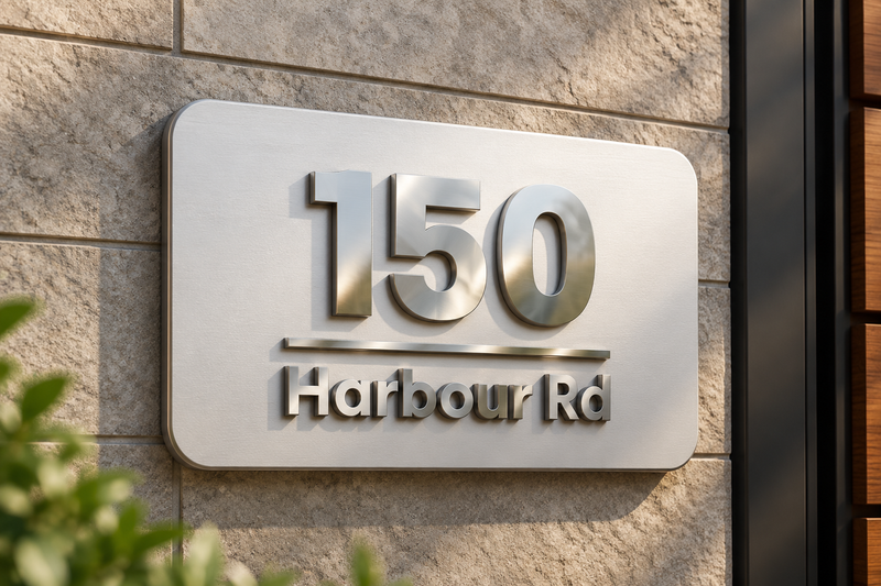 Rectangle house number plate with raised brushed steel 150 Harbour Rd