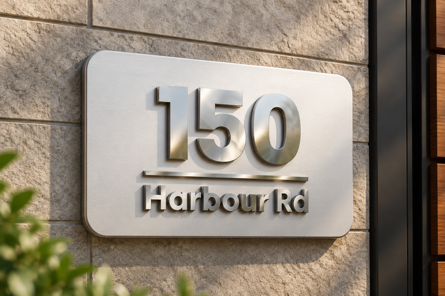Rectangle house number plate with raised brushed steel 150 Harbour Rd