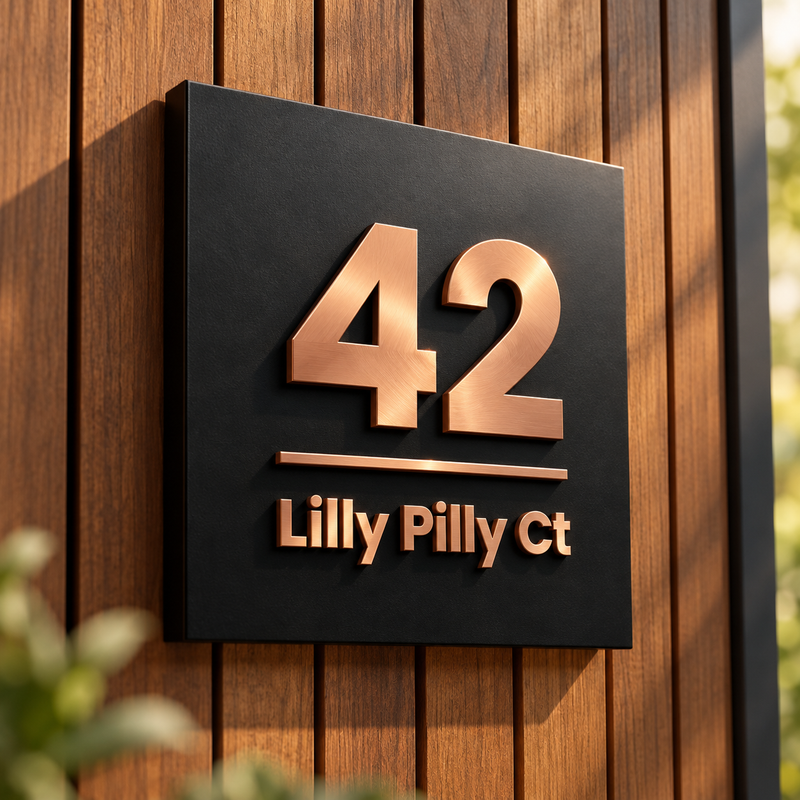 Black square house number plate with raised copper 42 Lilly Pilly Ct