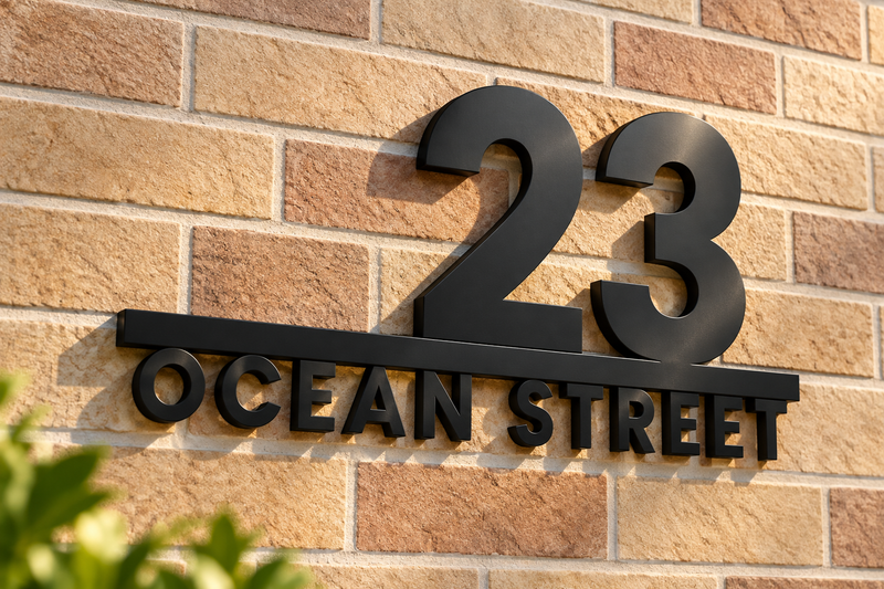 Black cut-out house number 23 with Ocean Street mounted on brick