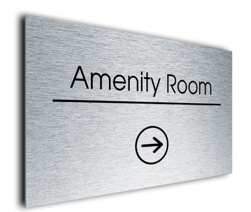 Brushed aluminium amenity room sign with a directional arrow