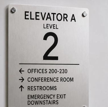 Brushed steel level sign reading Elevator A, Level 2