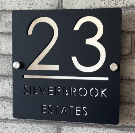 Square charcoal house sign reading 23 Silverbrook Estates